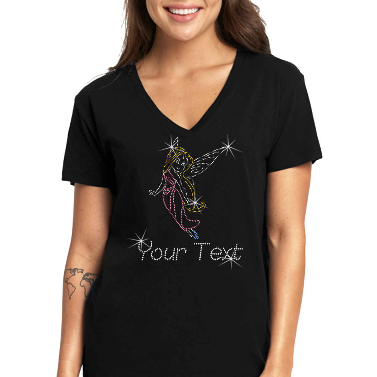 Custom Women’s T-Shirt – Fantasy Personalized Rhinestone Design and Text