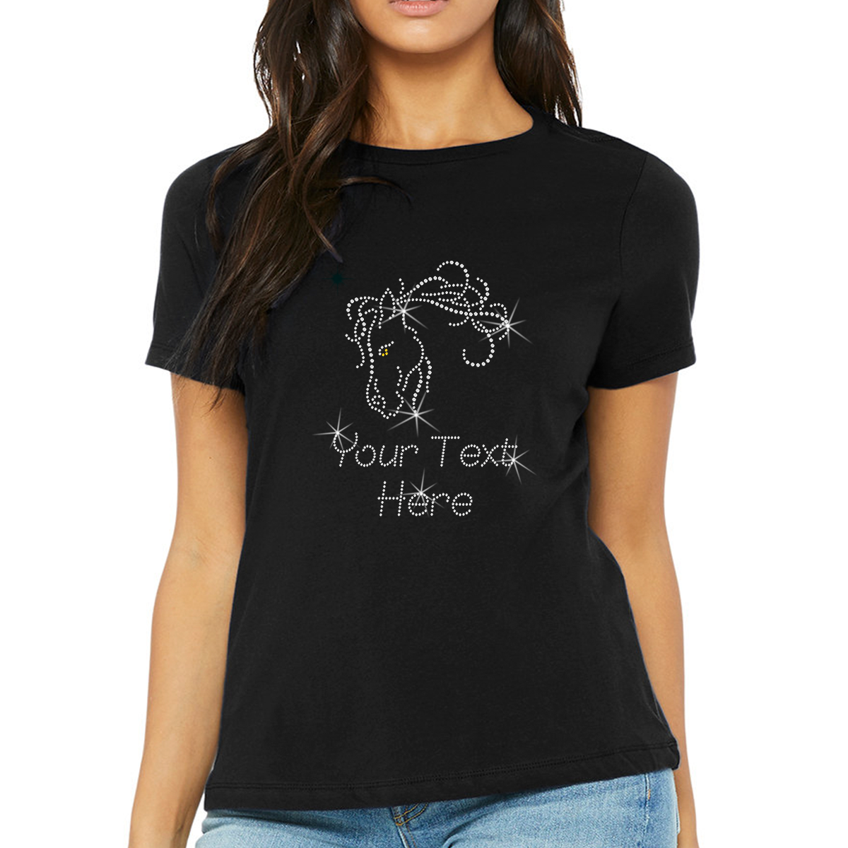 Custom Women’s T-Shirt – Animals Personalized Rhinestone Design and Text