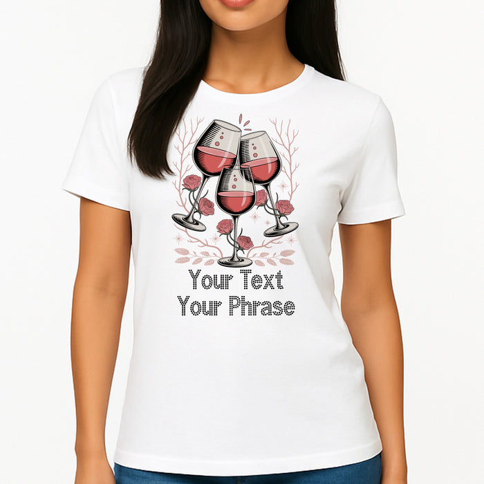 Custom Women's T-Shirt - Drinks DTF Print with Personalized Rhinestone Text