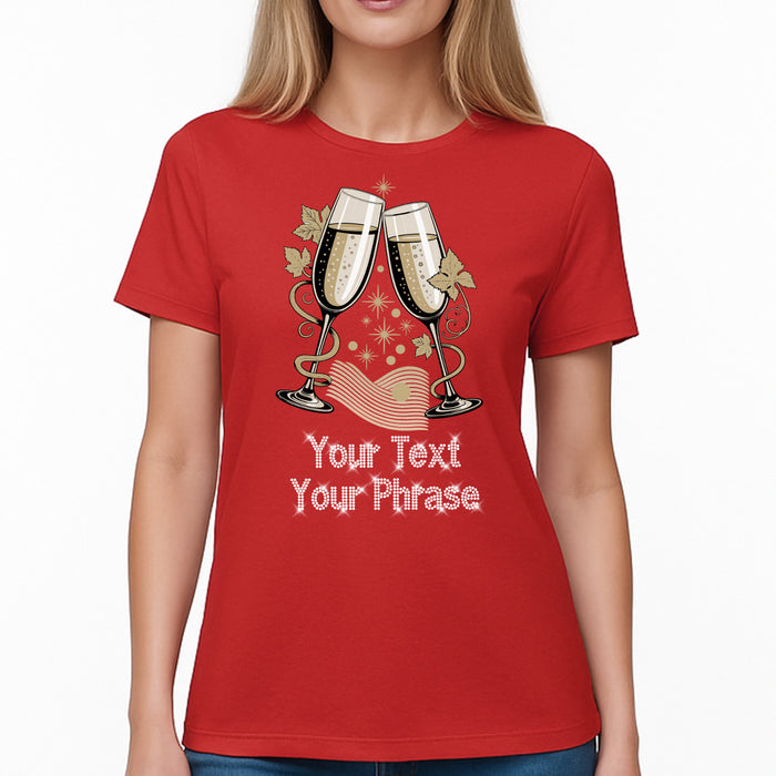 Custom Women's T-Shirt - Drinks DTF Print with Personalized Rhinestone Text