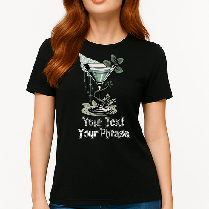Custom Women's T-Shirt - Drinks DTF Print with Personalized Rhinestone Text