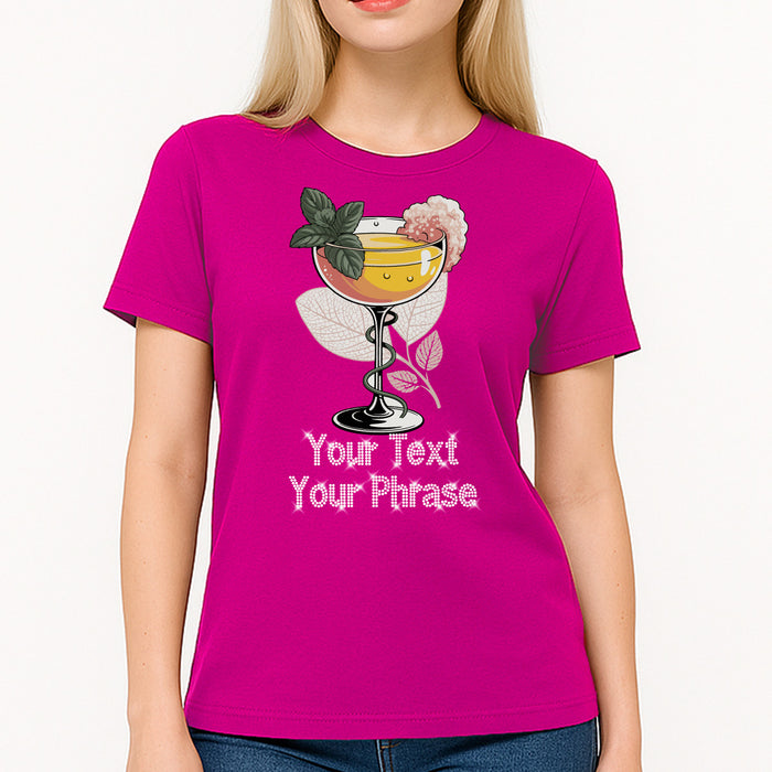 Custom Women's T-Shirt - Drinks DTF Print with Personalized Rhinestone Text