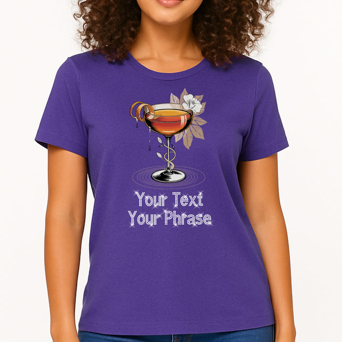 Custom Women's T-Shirt - Drinks DTF Print with Personalized Rhinestone Text