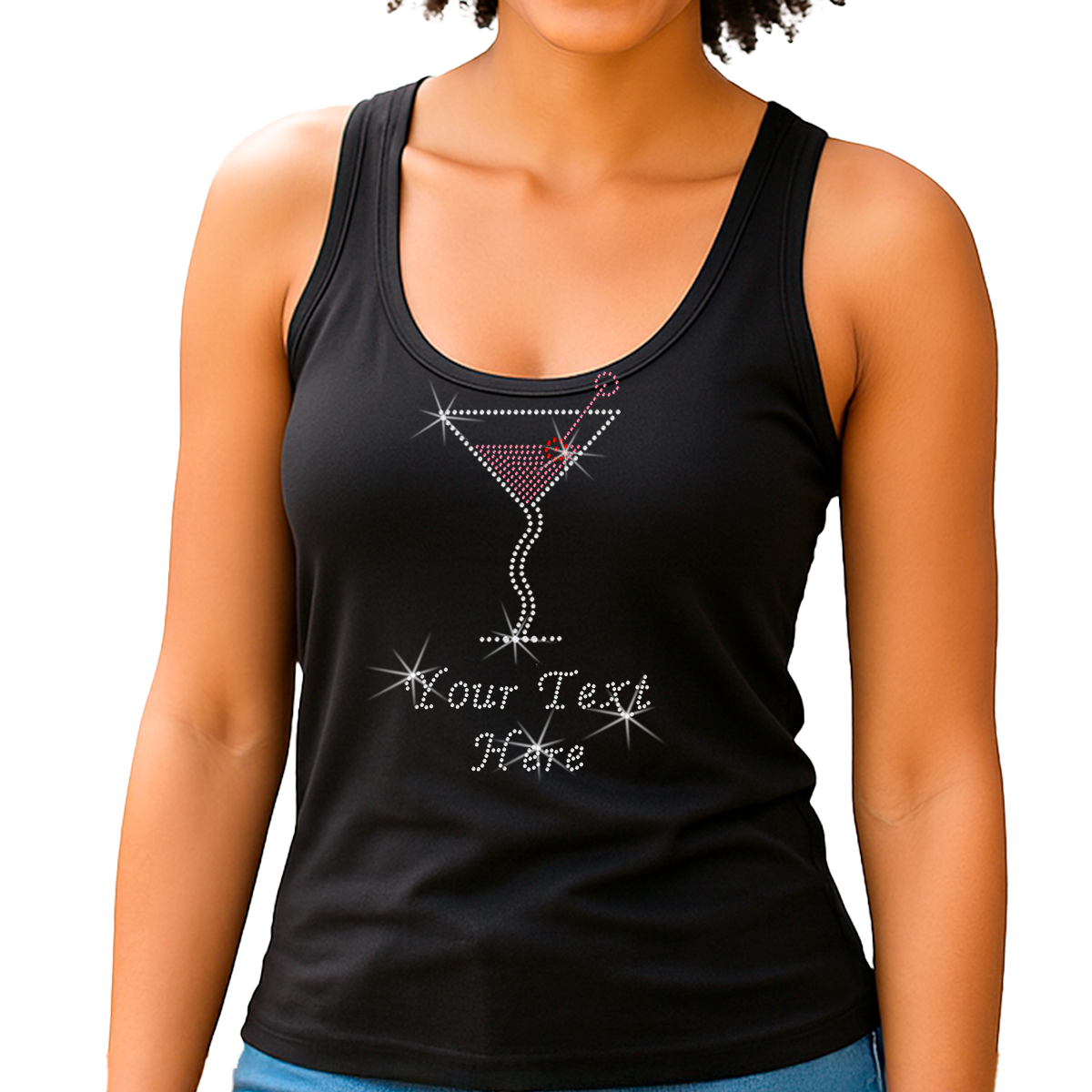 Custom Women’s T-Shirt – Drinks Personalized Rhinestone Design and Text