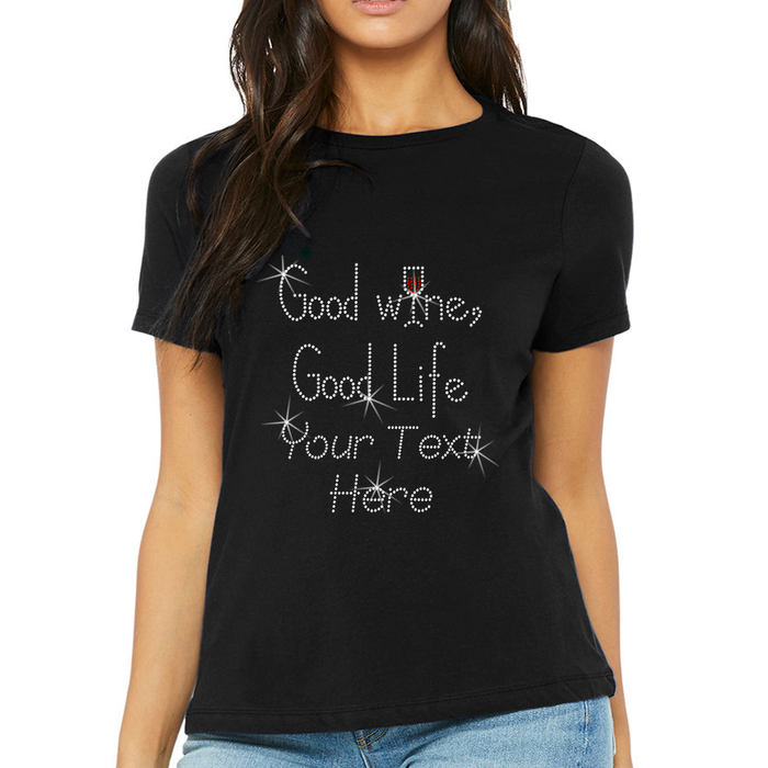 Custom Women’s T-Shirt – Drinks Personalized Rhinestone Style and Text