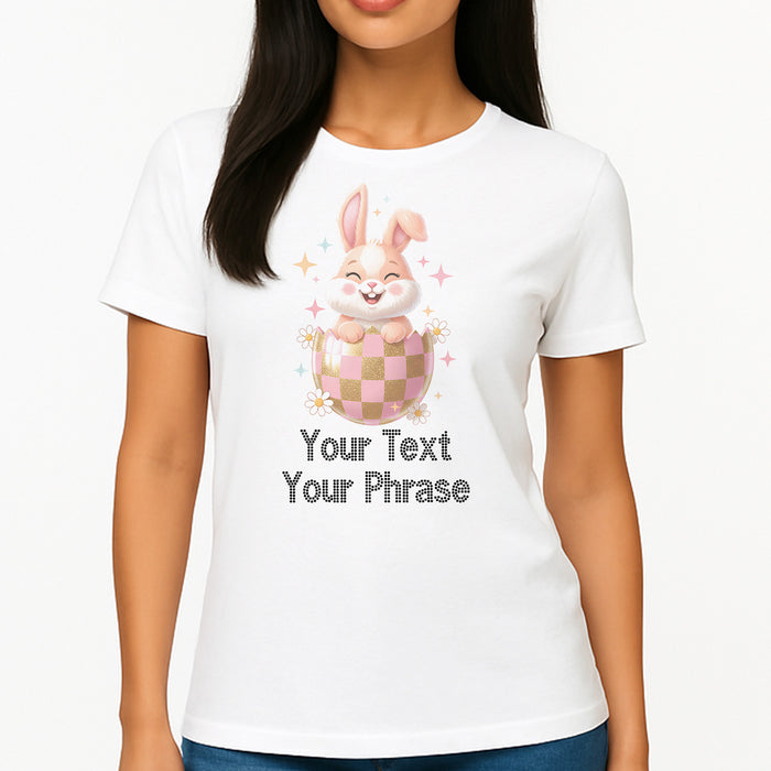 Custom Women's T-Shirt - Easter DTF Print with Personalized Rhinestone Text