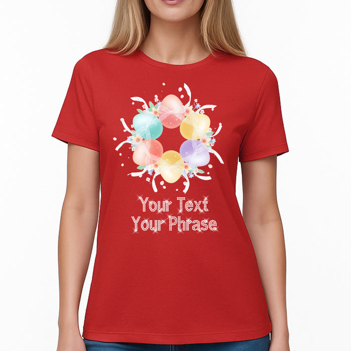 Custom Women's T-Shirt - Easter DTF Print with Personalized Rhinestone Text