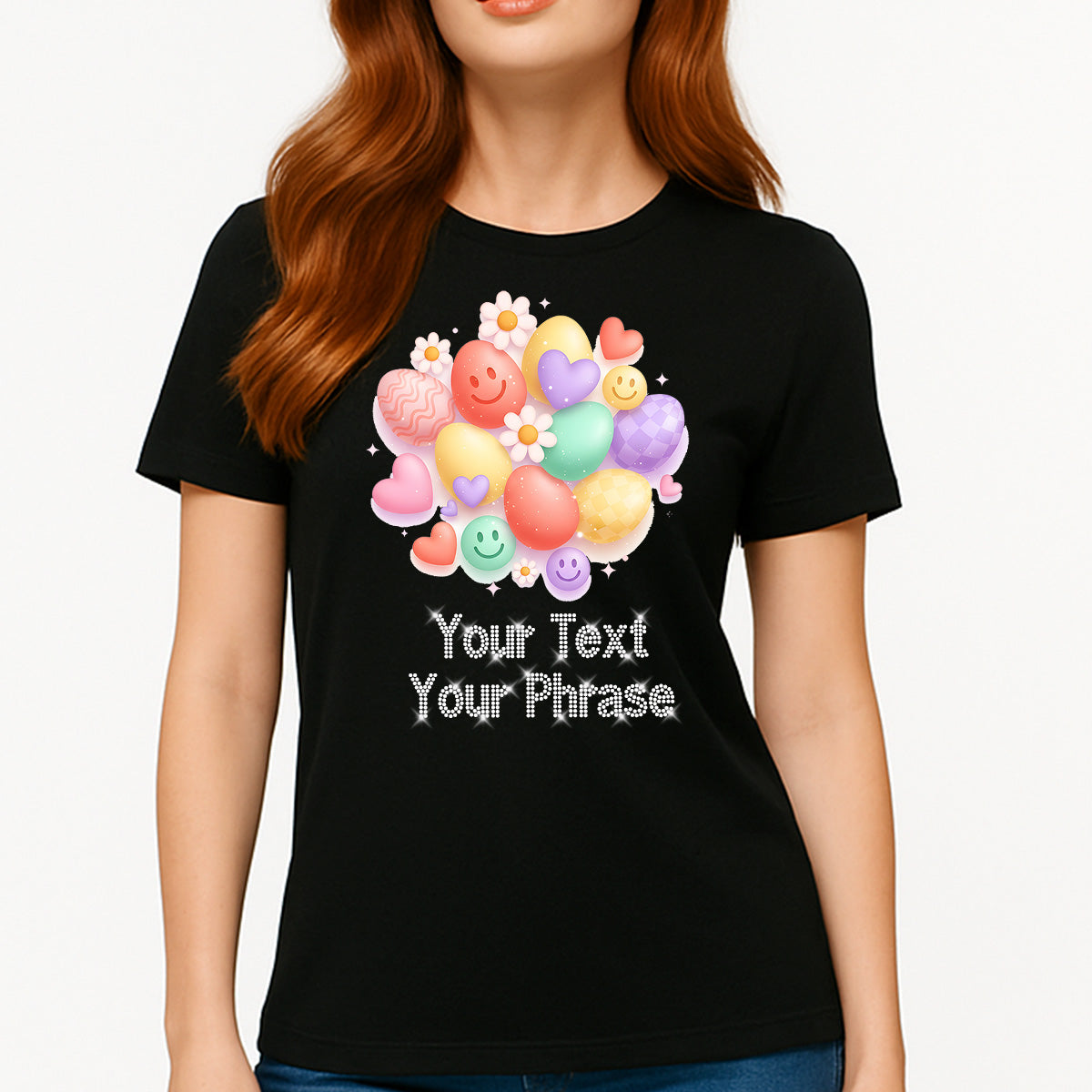 Custom Women's T-Shirt - Easter DTF Print with Personalized Rhinestone Text