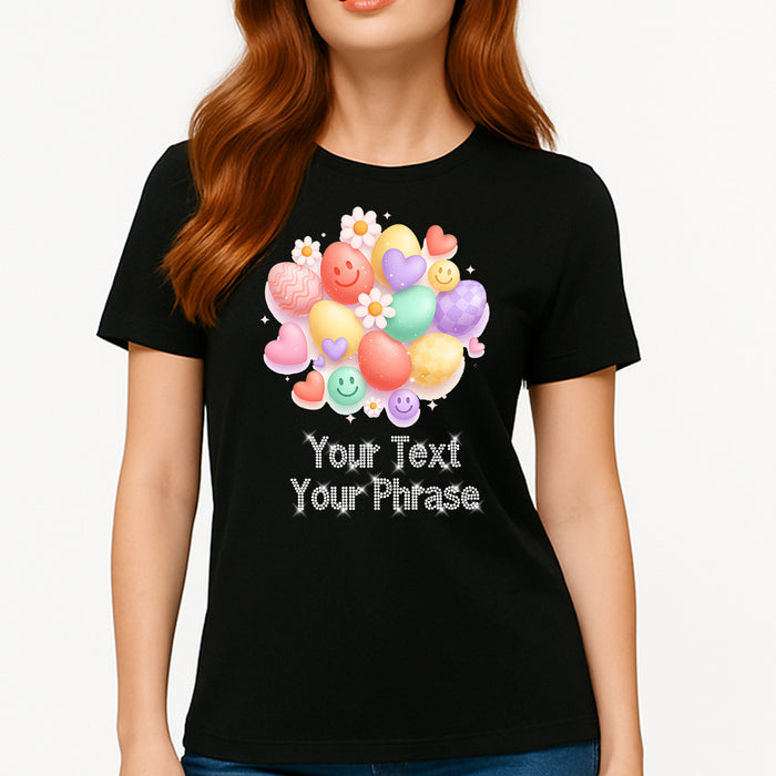 Custom Women's T-Shirt - Easter DTF Print with Personalized Rhinestone Text
