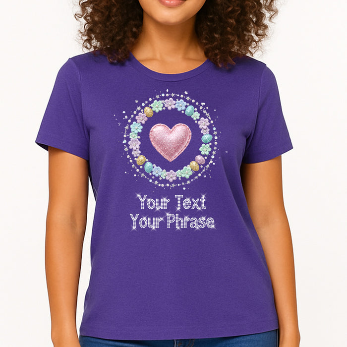 Custom Women's T-Shirt - Easter DTF Print with Personalized Rhinestone Text