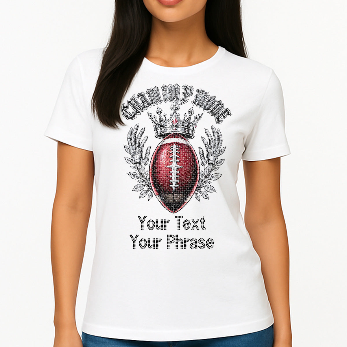 Custom Women's T-Shirt - Football DTF Print with Personalized Rhinestone Text