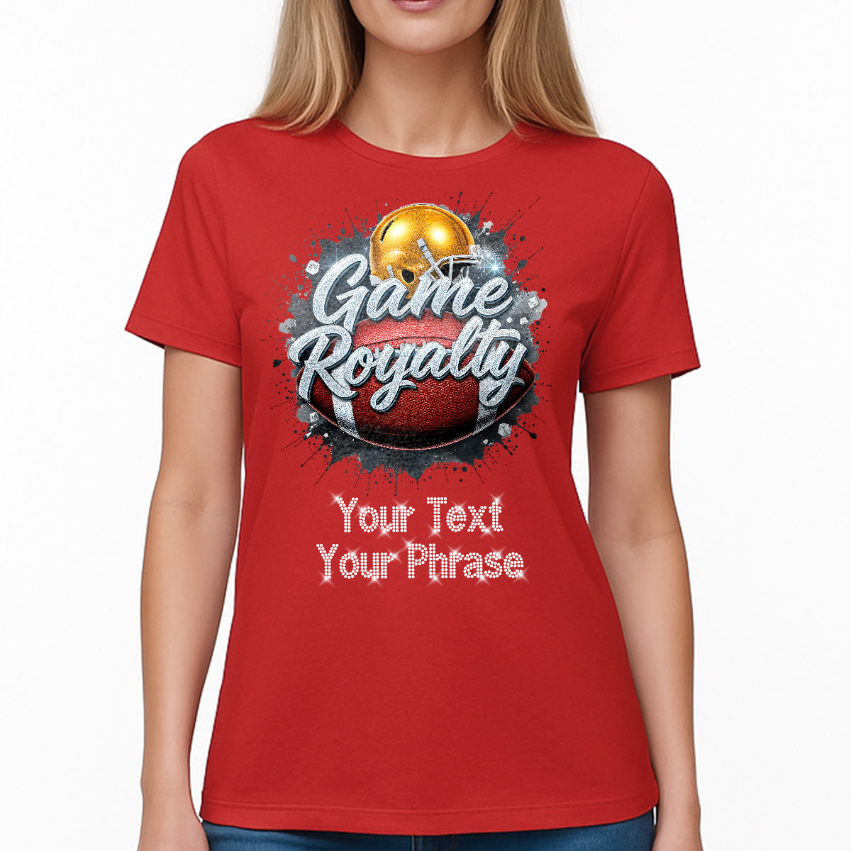 Custom Women's T-Shirt - Football DTF Print with Personalized Rhinestone Text