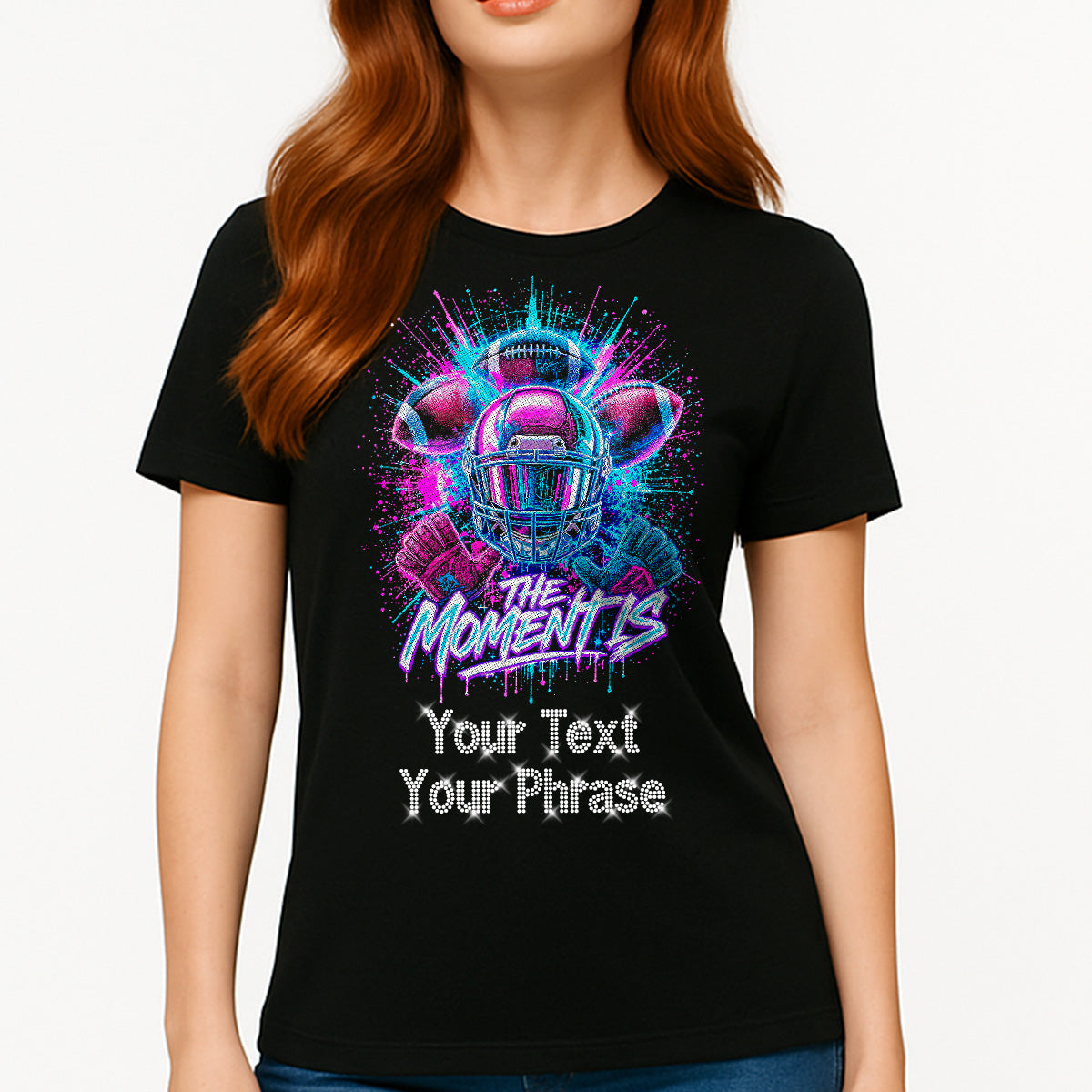Custom Women's T-Shirt - Football DTF Print with Personalized Rhinestone Text