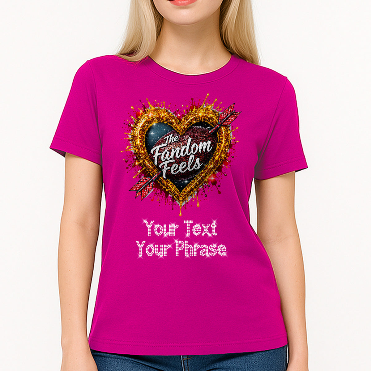 Custom Women's T-Shirt - Football DTF Print with Personalized Rhinestone Text