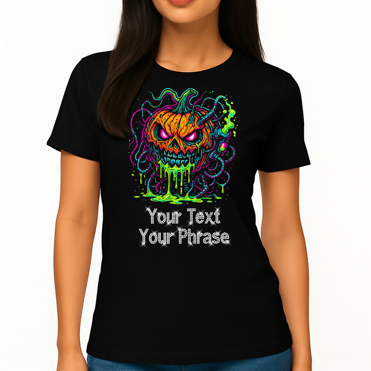 Custom Women's T-Shirt - Halloween DTF Print with Personalized Rhinestone Text
