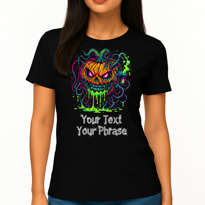 Custom Women's T-Shirt - Halloween DTF Print with Personalized Rhinestone Text