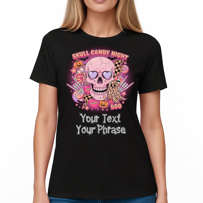 Custom Women's T-Shirt - Halloween DTF Print with Personalized Rhinestone Text