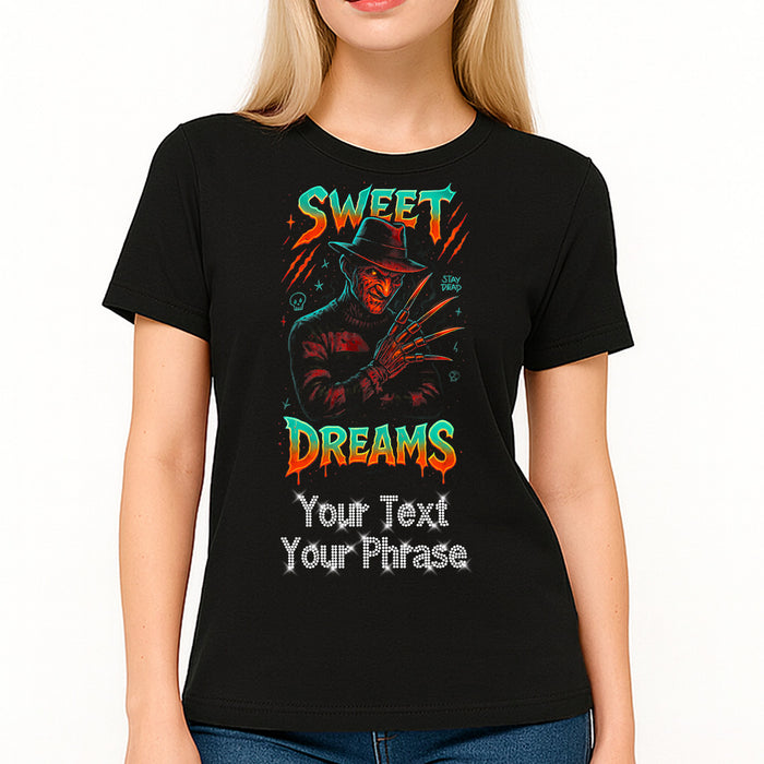 Custom Women's T-Shirt - Halloween DTF Print with Personalized Rhinestone Text