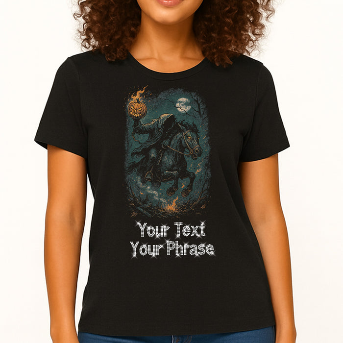 Custom Women's T-Shirt - Halloween DTF Print with Personalized Rhinestone Text