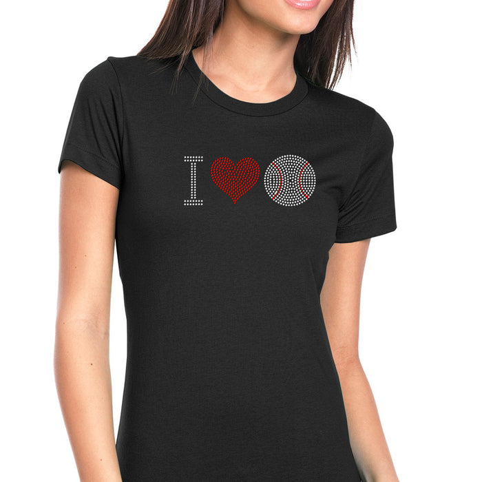 Rhinestone Bling Choose your Style I Love Baseball Red Heart Sports