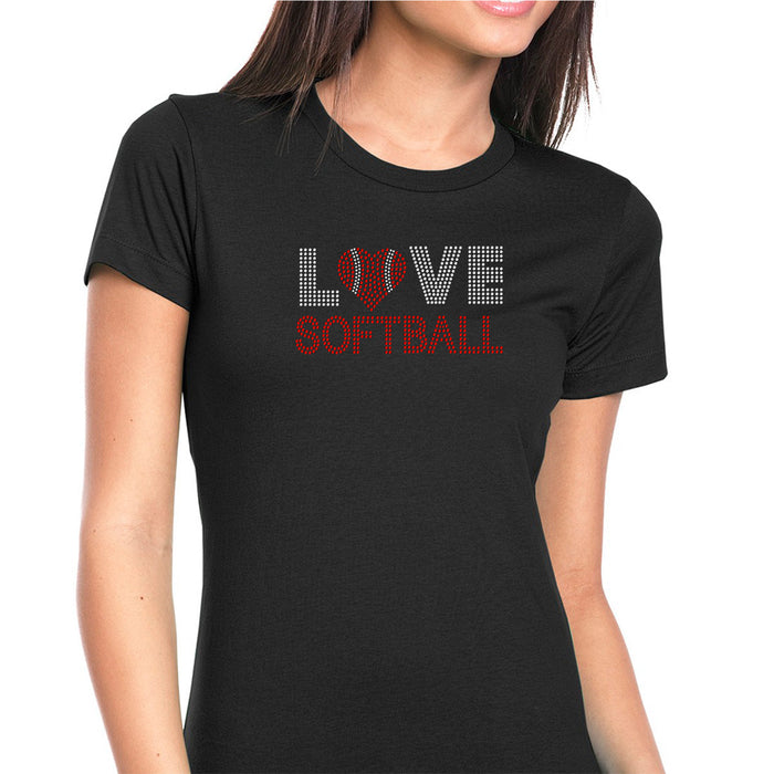 Rhinestone Bling Choose your Style Love Softball Red Heart Ball Sports