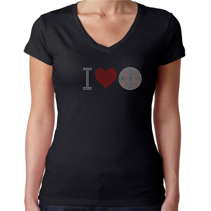 Rhinestone Bling Choose your Style I Love Baseball Red Heart Sports