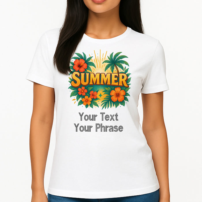 Custom Women's T-Shirt - Leisure DTF Print with Personalized Rhinestone Text