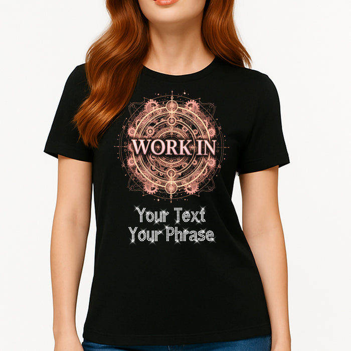 Custom Women's T-Shirt - Leisure DTF Print with Personalized Rhinestone Text