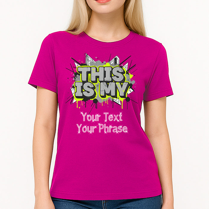 Custom Women's T-Shirt - Leisure DTF Print with Personalized Rhinestone Text