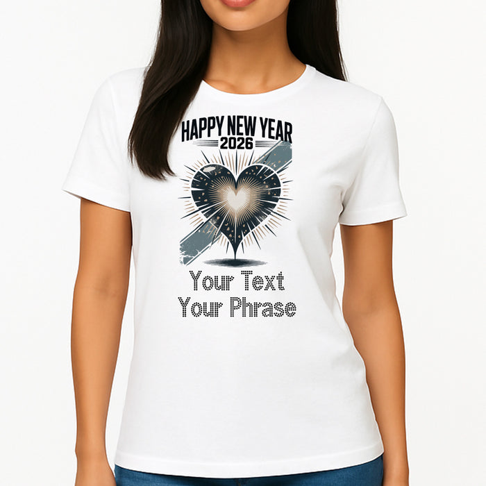 Custom Women's T-Shirt - New Year DTF Print with Personalized Rhinestone Text