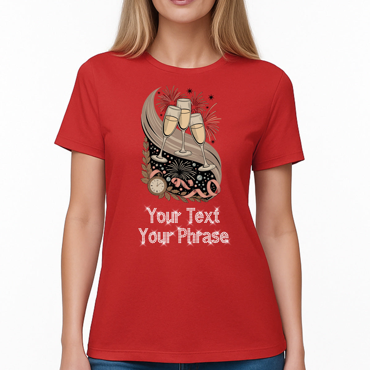 Custom Women's T-Shirt - New Year DTF Print with Personalized Rhinestone Text