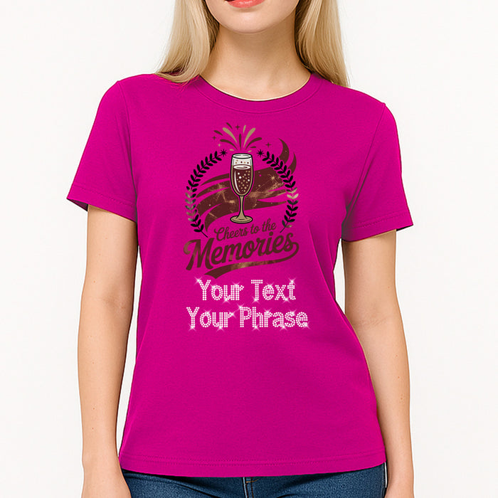 Custom Women's T-Shirt - New Year DTF Print with Personalized Rhinestone Text