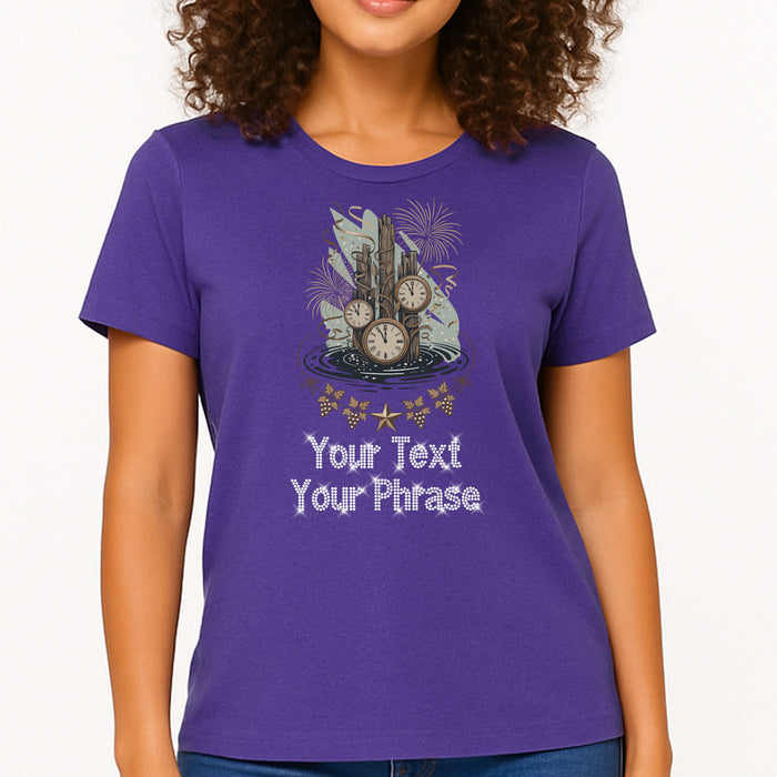 Custom Women's T-Shirt - New Year DTF Print with Personalized Rhinestone Text