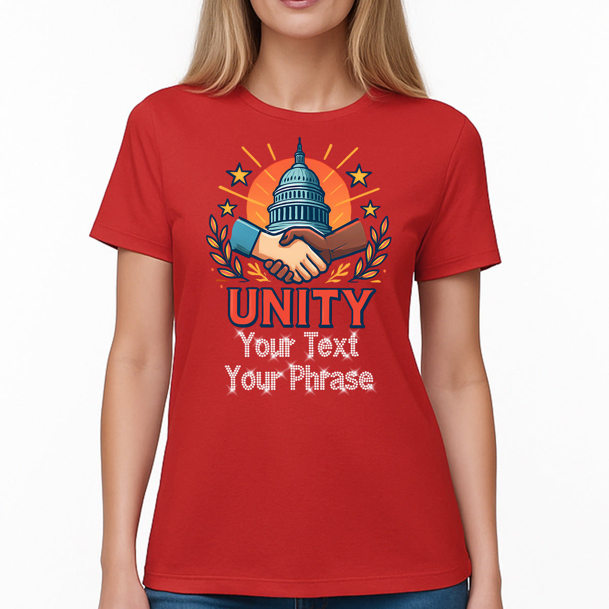 Custom Women's T-Shirt - Patriotic DTF Print with Personalized Rhinestone Text