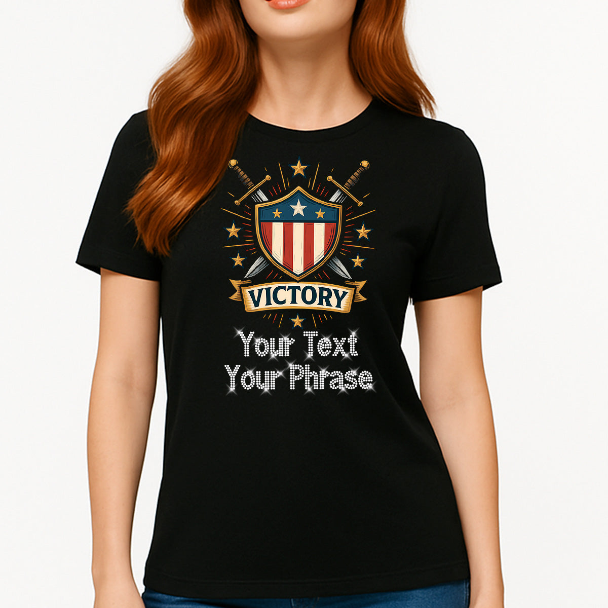 Custom Women's T-Shirt - Patriotic DTF Print with Personalized Rhinestone Text