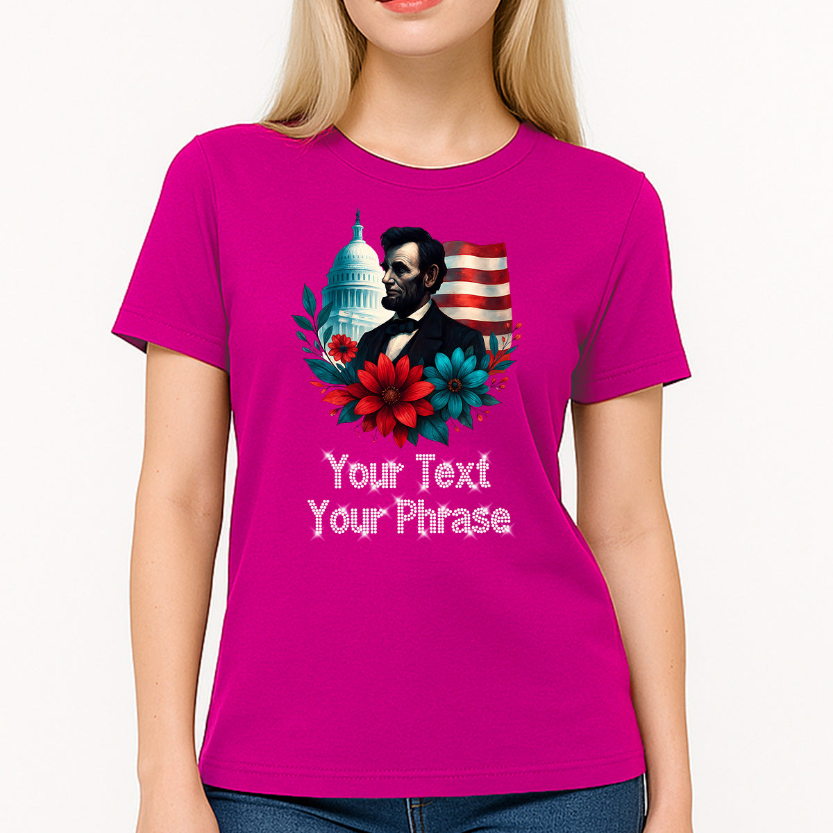 Custom Women's T-Shirt - Patriotic DTF Print with Personalized Rhinestone Text