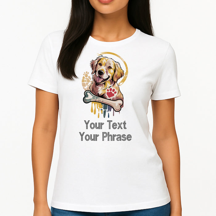Custom Women's T-Shirt - Pets DTF Print with Personalized Rhinestone Text