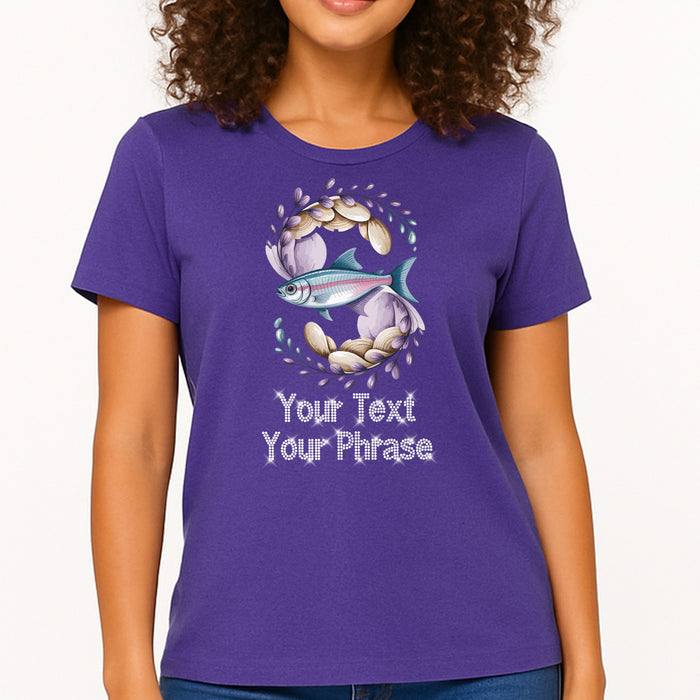 Custom Women's T-Shirt - Pets DTF Print with Personalized Rhinestone Text