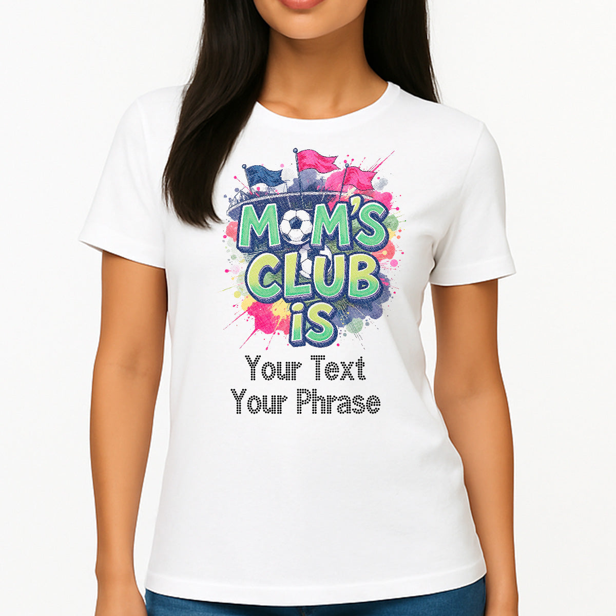 Custom Women's T-Shirt - Soccer DTF Print with Personalized Rhinestone Text