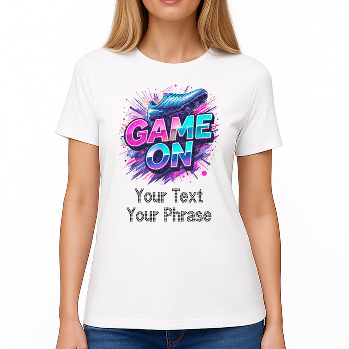 Custom Women's T-Shirt - Soccer DTF Print with Personalized Rhinestone Text
