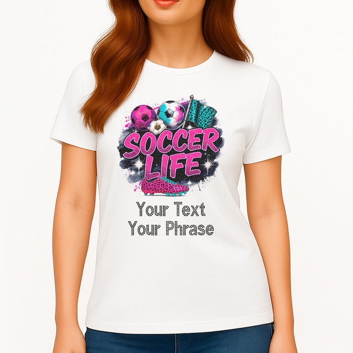 Custom Women's T-Shirt - Soccer DTF Print with Personalized Rhinestone Text