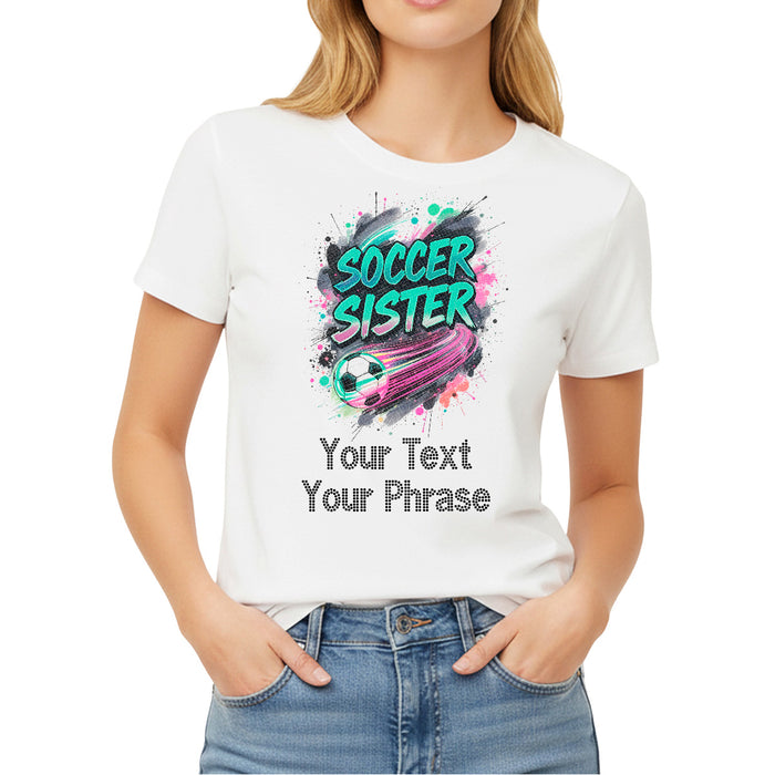 Custom Women's T-Shirt - Soccer DTF Print with Personalized Rhinestone Text