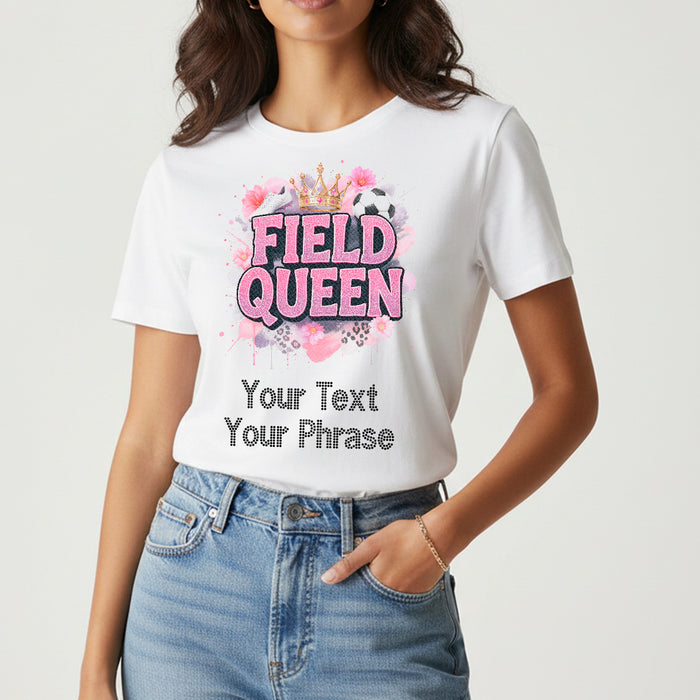 Custom Women's T-Shirt - Soccer DTF Print with Personalized Rhinestone Text