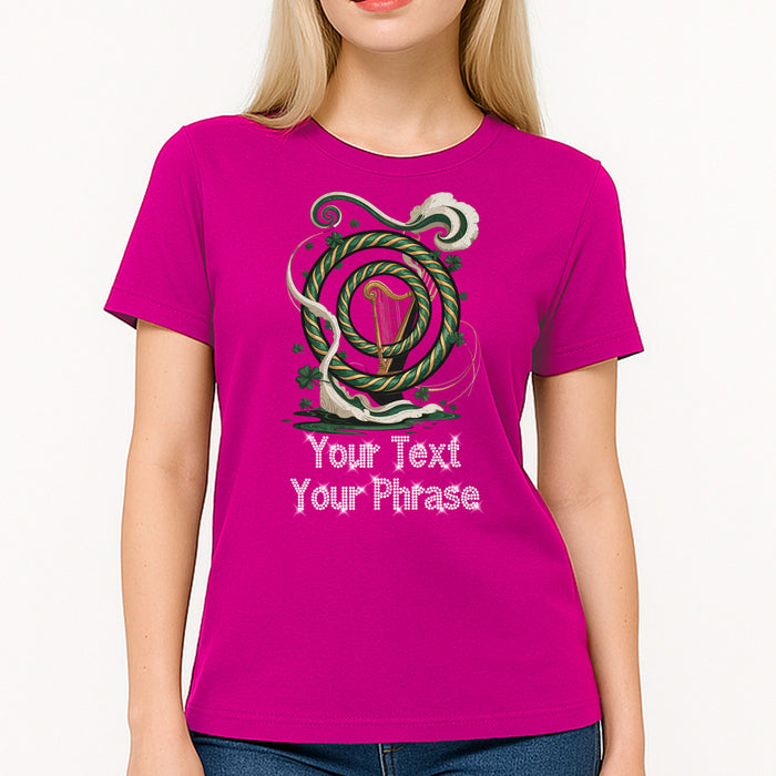 Custom Women's T-Shirt - St. Patrick’s DTF Print with Personalized Rhinestone Text