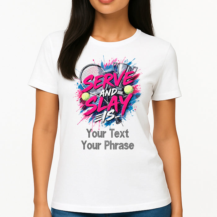 Custom Women's T-Shirt - Tennis DTF Print with Personalized Rhinestone Text