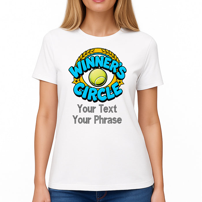 Custom Women's T-Shirt - Tennis DTF Print with Personalized Rhinestone Text