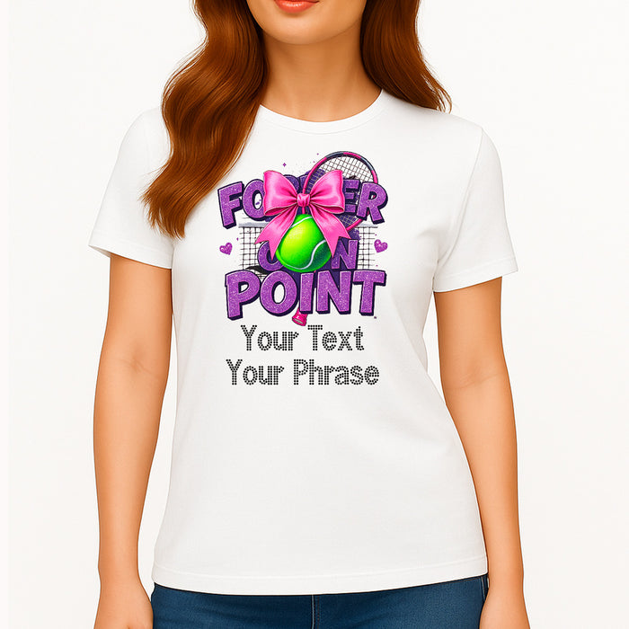 Custom Women's T-Shirt - Tennis DTF Print with Personalized Rhinestone Text