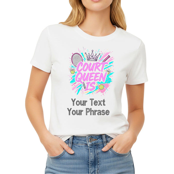 Custom Women's T-Shirt - Tennis DTF Print with Personalized Rhinestone Text