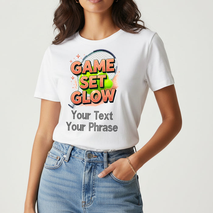 Custom Women's T-Shirt - Tennis DTF Print with Personalized Rhinestone Text