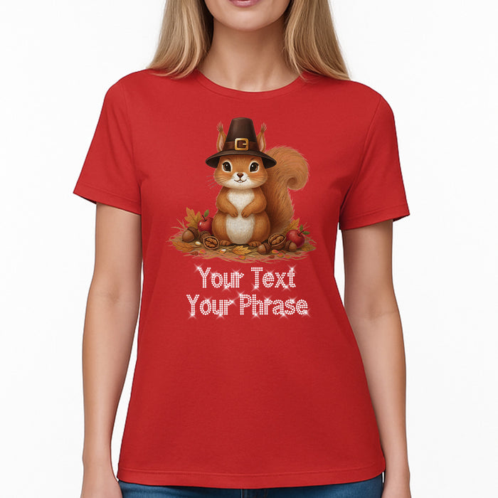 Custom Women's T-Shirt - Thanksgiving DTF Print with Personalized Rhinestone Text